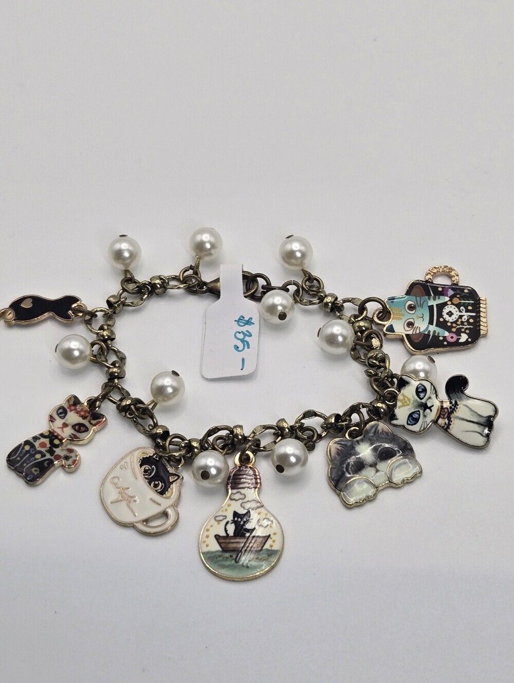 Cat Charm Bracelet #2 Bronze Finnish With Enamel Charms Handmade